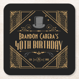 1920年代アールデコブラック&金ゴールド40歳の誕生日パーティー スクエアペーパーコースター