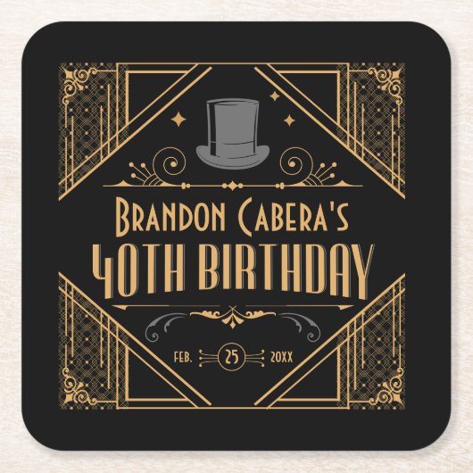 1920年代アールデコブラック&金ゴールド40歳の誕生日パーティー スクエアペーパーコースター (正面)