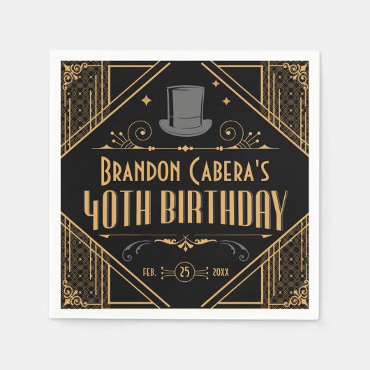 1920年代アールデコブラック&金ゴールド40歳の誕生日パーティー スタンダードカクテルナプキン (正面)