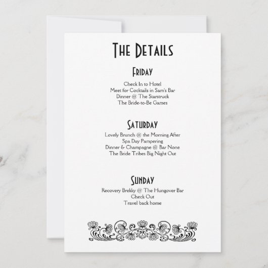 1920年代エレガントをテーマにしたバチェロレッテの旅程 招待状 (裏面)