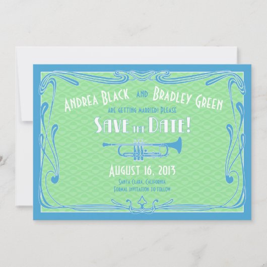 1920年代ジャズトランペット結婚式の招待状（Save the Date） 招待状 (正面)
