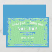 1920年代ジャズトランペット結婚式の招待状（Save the Date） 招待状 (正面/裏面)