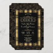 1920年代スタイルのアールデコ ゴールド ブラック ウェディング 招待状 (正面/裏面)
