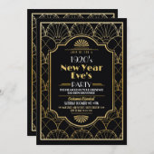 1920年代新しい年のパーティーアールデコブラック金ゴールド 招待状 (正面/裏面)