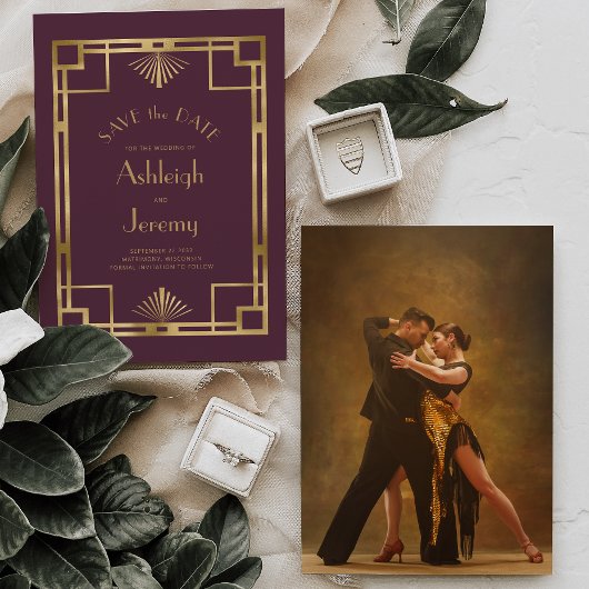 1920年代 アールデコ調 ブルゴーニュゴールド ウェディングフォト セーブザデート