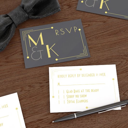 1920年代 アールデコ ブラックゴールド 結婚式 RSVP カード