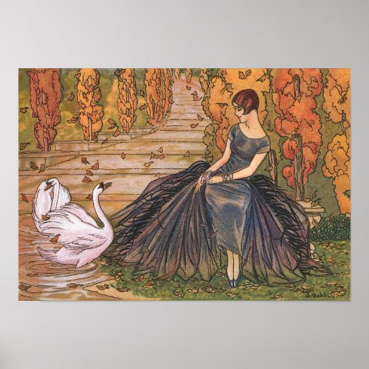1920年代 フランスのアールデコの優雅な女性とスワンの池 ポスター (正面)