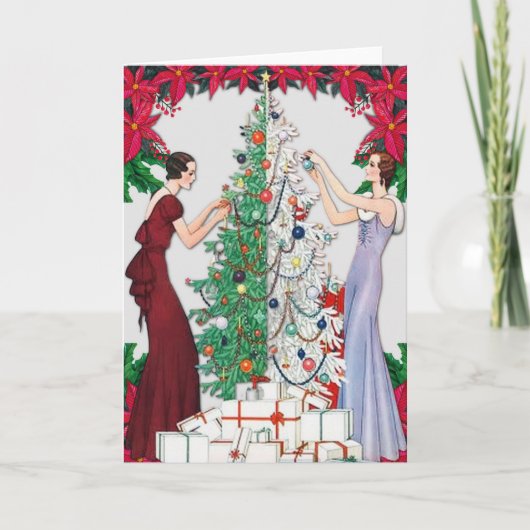 1920年代 ヴィンテージ フラッパー女性 クリスマスツリーを飾る シーズンカード (正面)