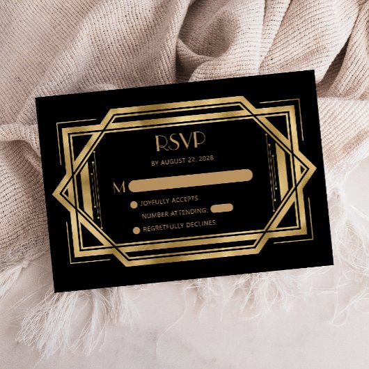 1920年代 ヴィンテージ ブラックゴールド 結婚式 RSVP エンクロージャーカード