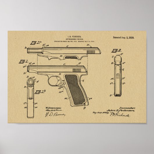 1920自動銃特許アートスケッチプリント ポスター (正面)