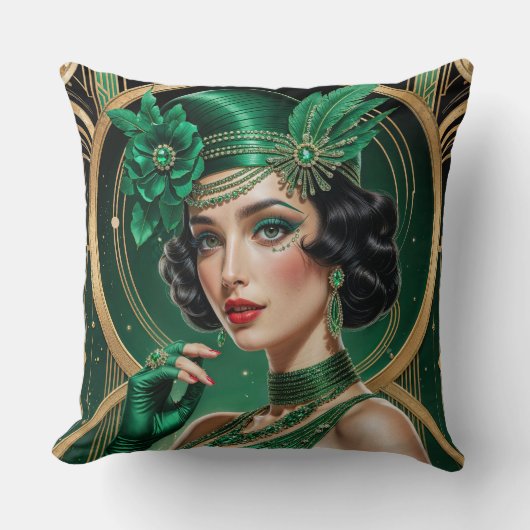 1920s Cocktail Elegance Flapper Girl Throw Pillow クッション (正面)