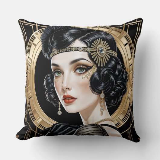 1920s Cocktail Elegance Flapper Girl Throw Pillow クッション (正面)