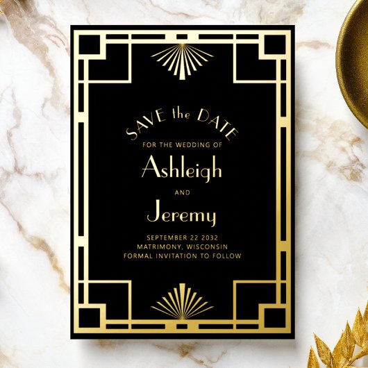 1920s Deco Black Gold Wedding Save the Date 箔招待状