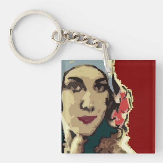1920s Lady in a Blue Hat Pop Art キーホルダー (正面)