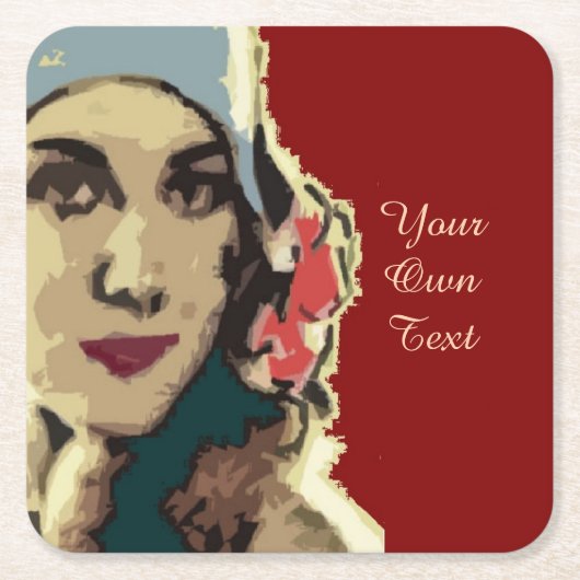 1920s Lady in a Blue Hat Pop Art Custom Text スクエアペーパーコースター (正面)