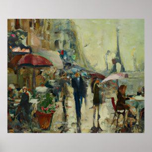 1920s Paris Heavy Rain Café Street Painting ポスター