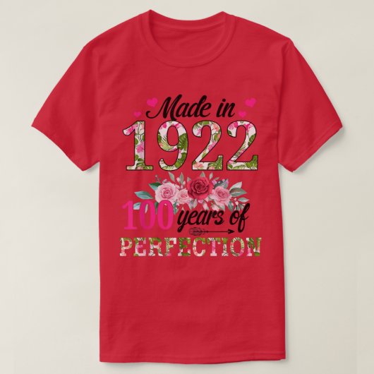 1922年、100歳、100誕生日フローラ Tシャツ (デザイン正面)