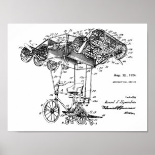 1924年の飛んでいるな自転車の飛行機のパテントのスケッチのプリント ポスター