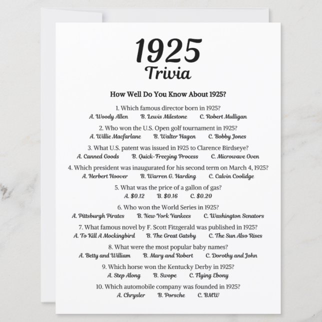 1925トリビアゲーム | 第100回バースデーパーティーゲーム (正面)