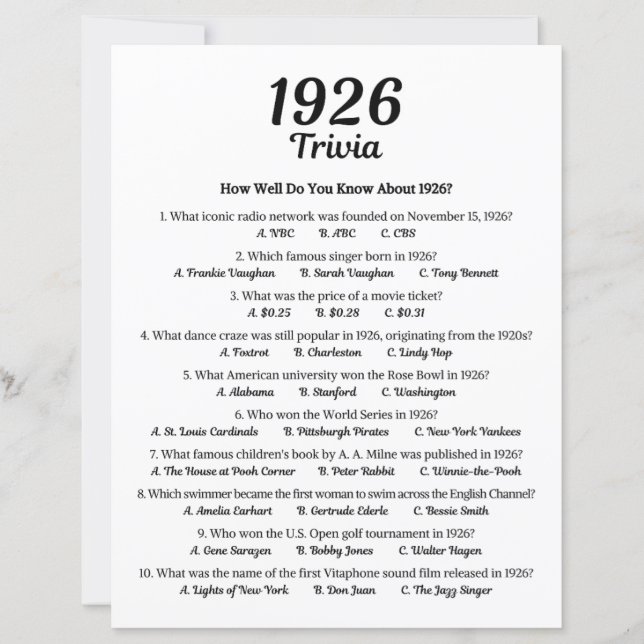 1926トリビアゲーム | 第99回誕生日パーティーゲーム (正面)
