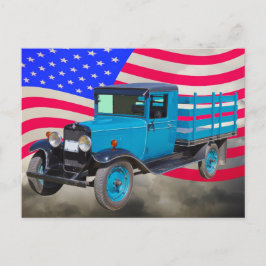 1929シボイ1トントラックとアメリカ国旗 ポストカード