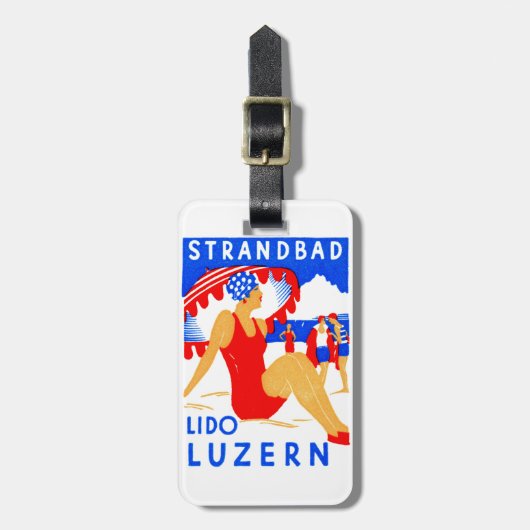 1929年のアールデコStrandbad Lidoルツェルン ラゲッジタグ (正面縦)