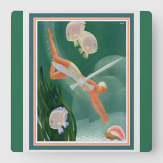 1930アールデコ泳ぐ人/リゾートアドウォールクロック スクエア壁時計