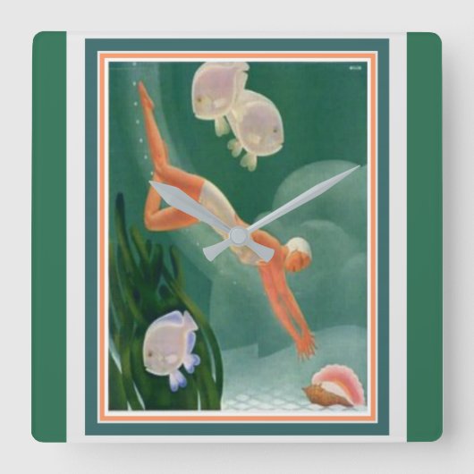 1930アールデコ泳ぐ人/リゾートアドウォールクロック スクエア壁時計 (正面)