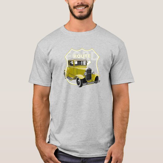 1930モデルA黄色のクラシックRoute66 T改造シャツ Tシャツ (正面)