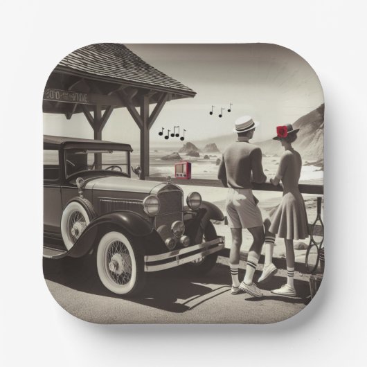1930ヴィンテージカーカップル白黒紙ナプキンス ペーパープレート (正面)