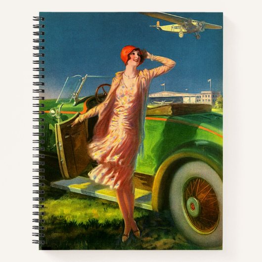 1930女性車と飛行機プリント ノートブック (正面)