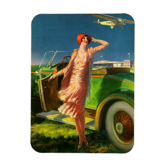 1930年の女性車と飛行機 マグネット (縦)