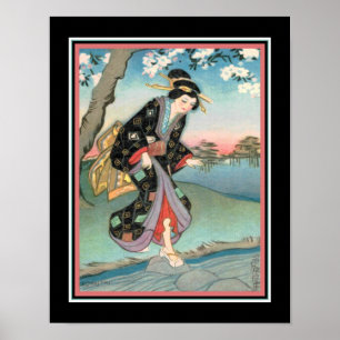 1930年代のアールデコ「芸者が川を渡る」 ポスター