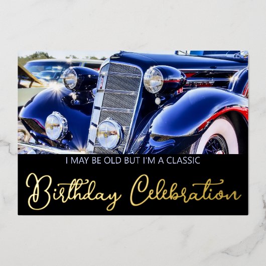 1930年代のクラシックカーの誕生日 箔招待状 (正面)