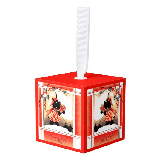 1930年代のクリスマススコットランド犬は「チアオ」と言う キューブオーナメント (正面アングル)