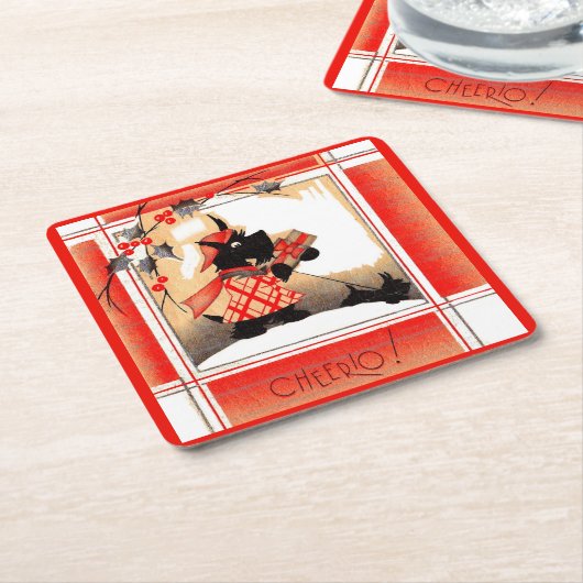1930年代のクリスマススコットランド犬は「チアオ」と言う スクエアペーパーコースター (アングル)