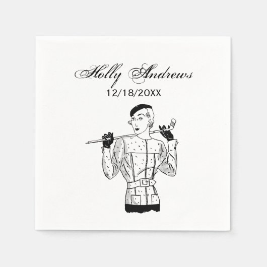 1930年代のゴルフクラブを持つファッショナブルなレディーゴルファー スタンダードカクテルナプキン (正面)