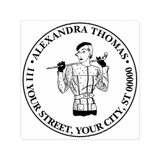 1930年代のゴルフクラブを持つファッショナブルなレディーゴルファー セルフインキングスタンプ (デザイン)