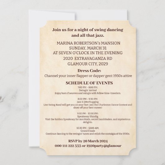 1930年代のパーティーエラスイングソイレ10代の若者パーティー 招待状 (裏面)