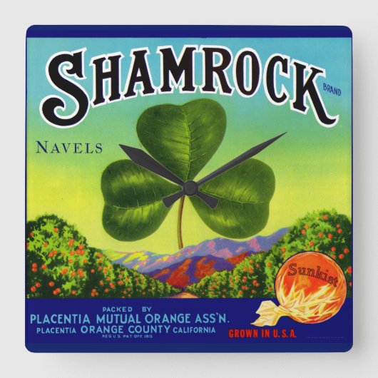 1930年代のフルーツクラートレーベルShamrock Navel Orange スクエア壁時計 (正面)