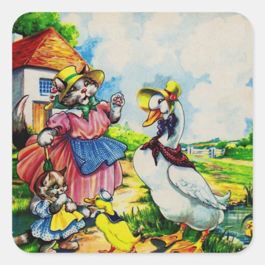 1930年代のママキティ猫とベビー子猫訪問アヒル スクエアシール (正面)