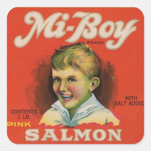1930年代のミニボーイのピンクサーモン缶ラベル スクエアシール (正面)