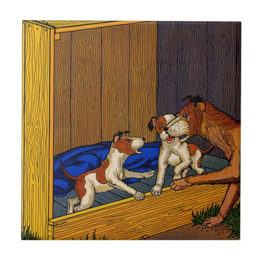 1930年代の児童書アートの子犬とママ タイル (正面)