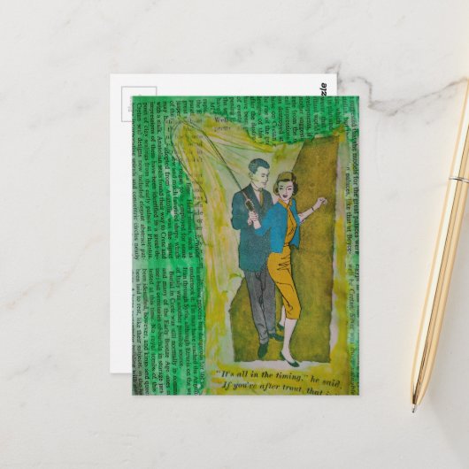 1930年代の切り貼り作品から見える釣りをするカップル ポストカード (正面/裏面インサイチュ)