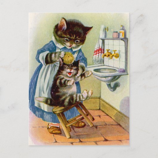 1930年代の子猫ママが子猫を洗う ポストカード (正面)
