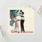 1930年代レトロな女性がクリスマスツリーを飾る カード (正面/裏面インサイチュ)