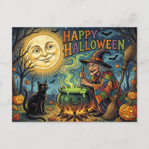 1930年代レトロな魔女のハロウィンポストカード 黒 ポストカード