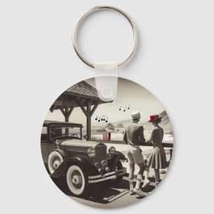 1930年代 ビンテージカー カップル 黒 白 ペーパーナプキン キーホルダー
