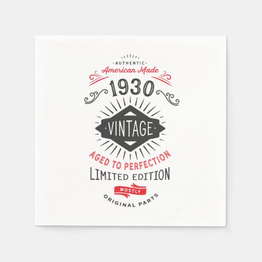 1930年生まれの90番目の誕生日のヴィンテージ スタンダードカクテルナプキン (正面)