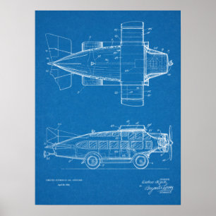 1930年飛んでいる自動車航空機特許スケッチプリント ポスター